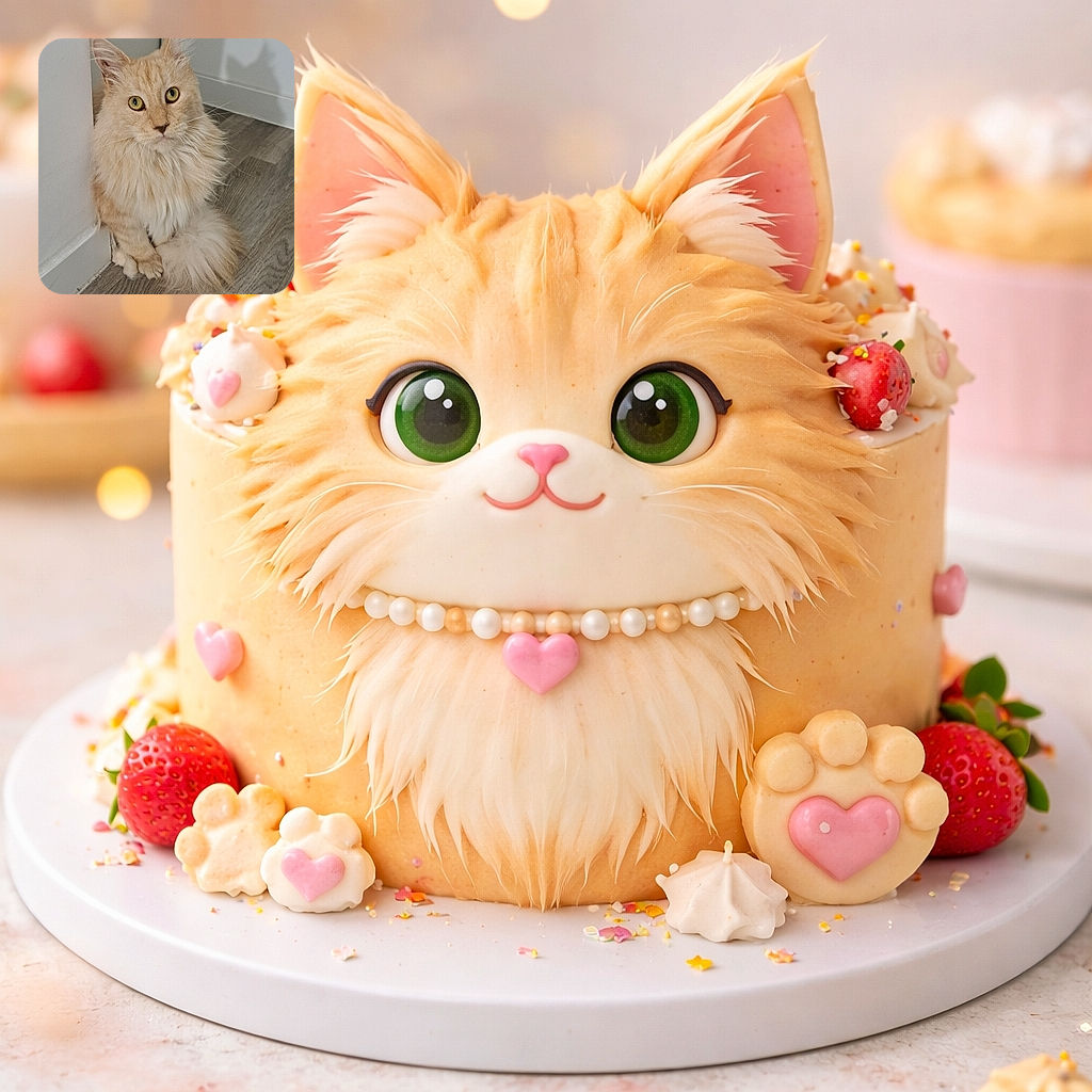A fluffy cream-colored cat with expressive yellow eyes sits elegantly against a corner wall on a wooden floor, casting a sharp shadow that mimics its pointed ears and alert posture.