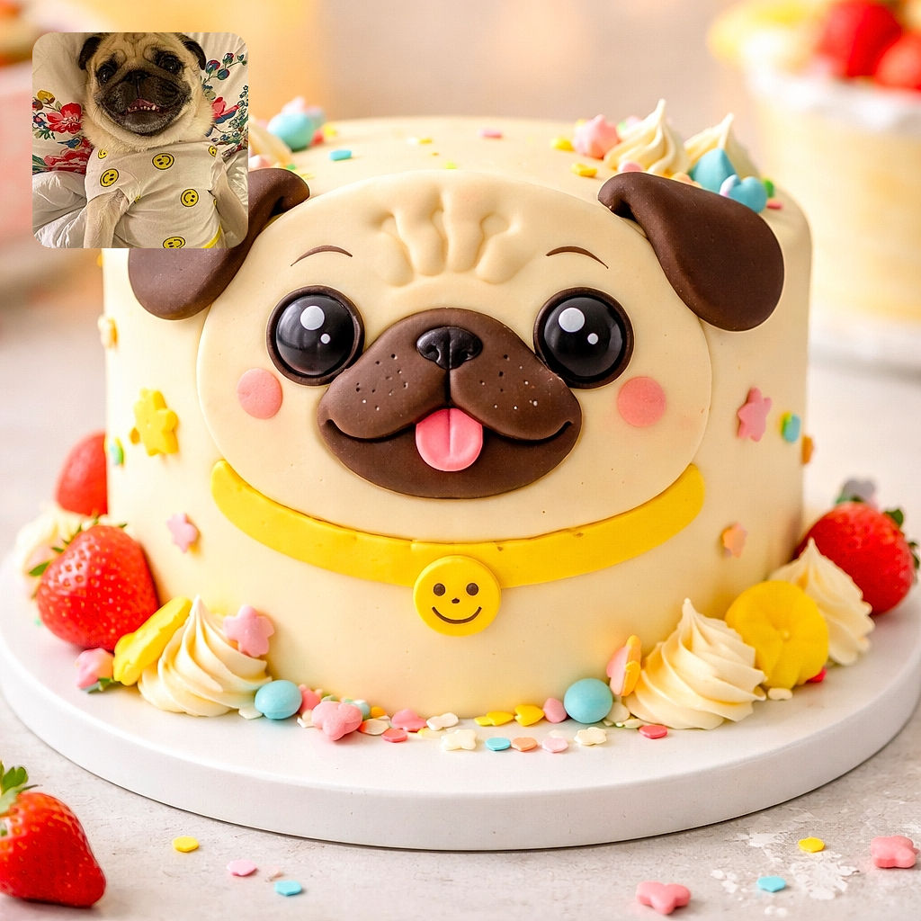A happy pug lying on a floral-patterned bed, wearing a cute white shirt covered in yellow smiley faces, looking like it's ready for a cozy day of naps and belly rubs.