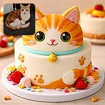 A cozy ginger and white cat curled up comfortably on a dark textured cushion, giving a calm and slightly curious look, with a rustic wooden door and a white wall in the background.