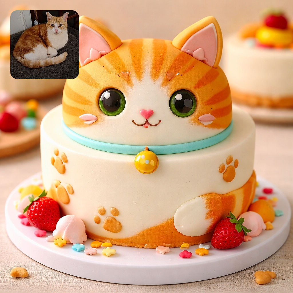 A cozy ginger and white cat curled up comfortably on a dark textured cushion, giving a calm and slightly curious look, with a rustic wooden door and a white wall in the background.