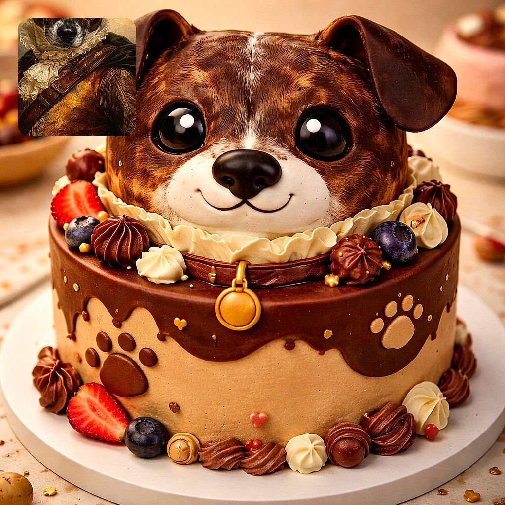 A dapper dog stares stoically in full Renaissance regalia — lace ruff, gilded doublet, leather baldric and a sword hilt peeking out — looking simultaneously noble and mildly unimpressed, like he's about to demand more treats or a knighthood.