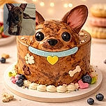 A curious brindle puppy with large ears is lying on a beige surface next to a light-colored wall and kitchen cabinet, looking directly at the camera with wide eyes.