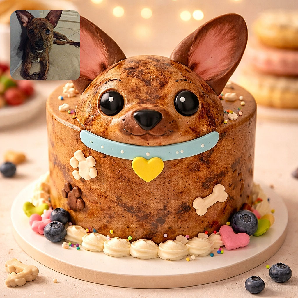 A curious brindle puppy with large ears is lying on a beige surface next to a light-colored wall and kitchen cabinet, looking directly at the camera with wide eyes.