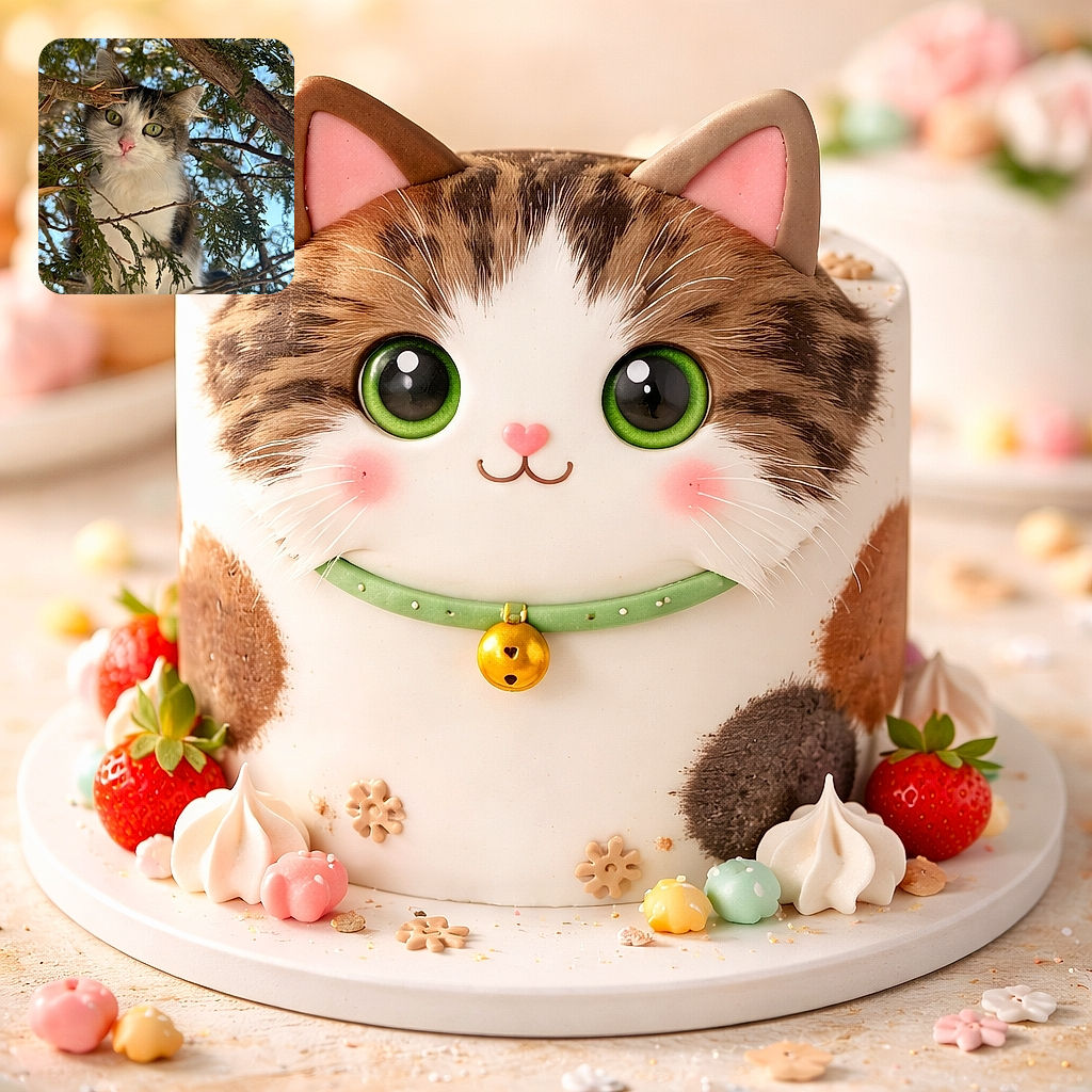 A wide-eyed green-eyed cat peers down like a fluffy little inspector perched in a tree — pink nose, majestic whiskers, and a suspiciously regal stare as if judging your climbing skills. Sunlight filters through the branches, framing this adventurous furball in a nature-made spotlight.