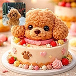 A fluffy, curly-haired brown dog sits adorably on a white patterned table outdoors, with a dark fence and vibrant red flowers in the background, creating a cozy garden vibe.