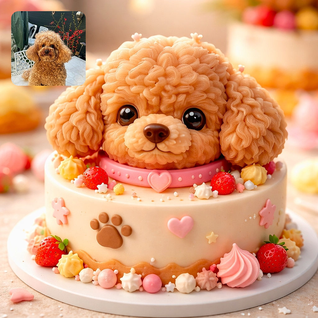A fluffy, curly-haired brown dog sits adorably on a white patterned table outdoors, with a dark fence and vibrant red flowers in the background, creating a cozy garden vibe.