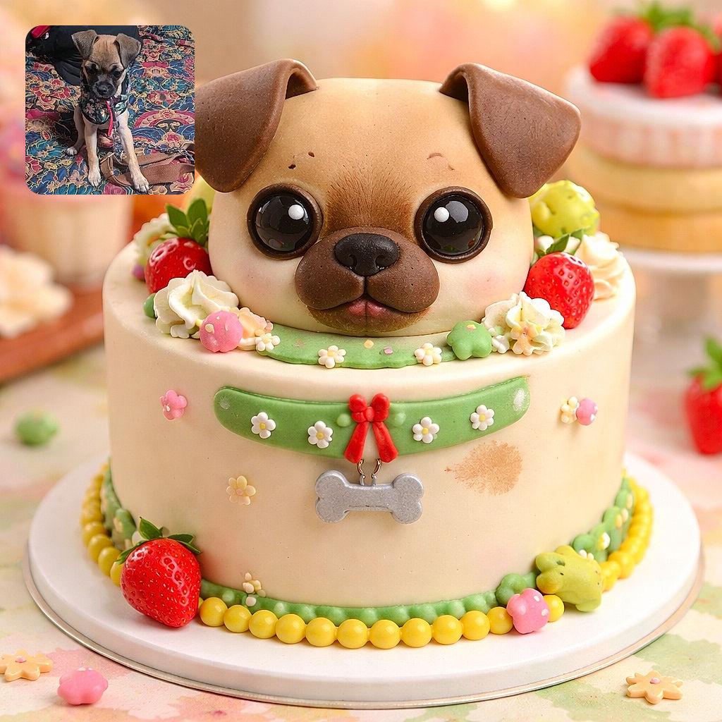 A cute puppy wearing a floral harness sits attentively on a colorful, patterned bedspread with a leash tangled around its paws, looking ready for an adventure or maybe just a nap.