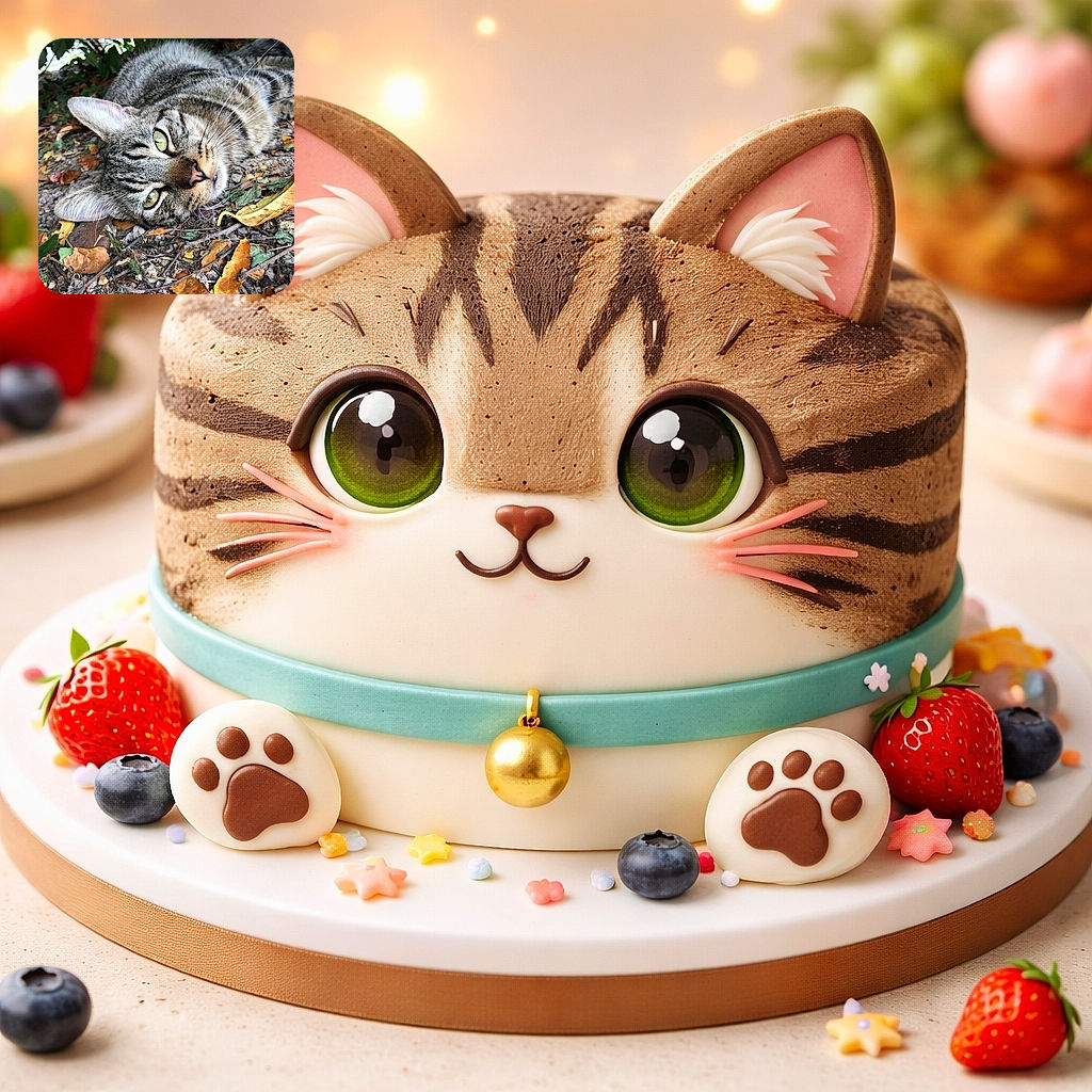 A close-up photo of a relaxed tabby cat lying on the ground amidst autumn leaves, with its green eyes gazing softly at the camera, capturing a peaceful moment in nature.