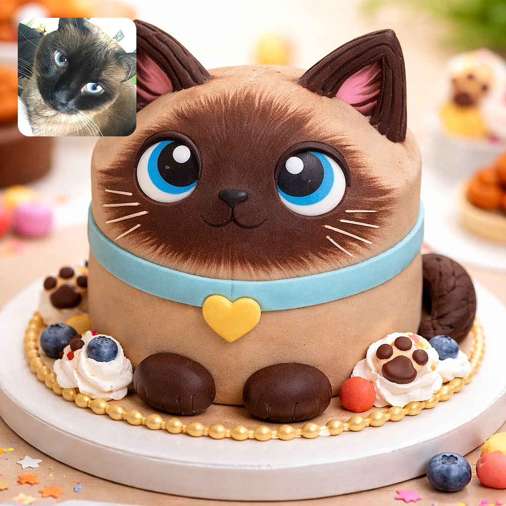 A close-up photo of a Siamese cat with striking blue eyes staring curiously at the camera, the background slightly blurred with some framed pictures and furniture visible.