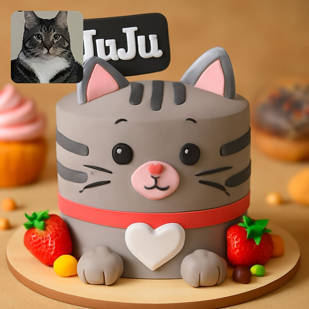 A regal tabby cat with white paws and chest sits upright, staring intently at the camera. The photo has a slightly painterly or filtered effect, and a black text overlay with the word 'JuJu' in white font is positioned at the top left corner.