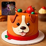 A happy dog with a big smile and tongue out sits obediently in front of a decorated Christmas tree, surrounded by festive ornaments and cozy indoor lighting.