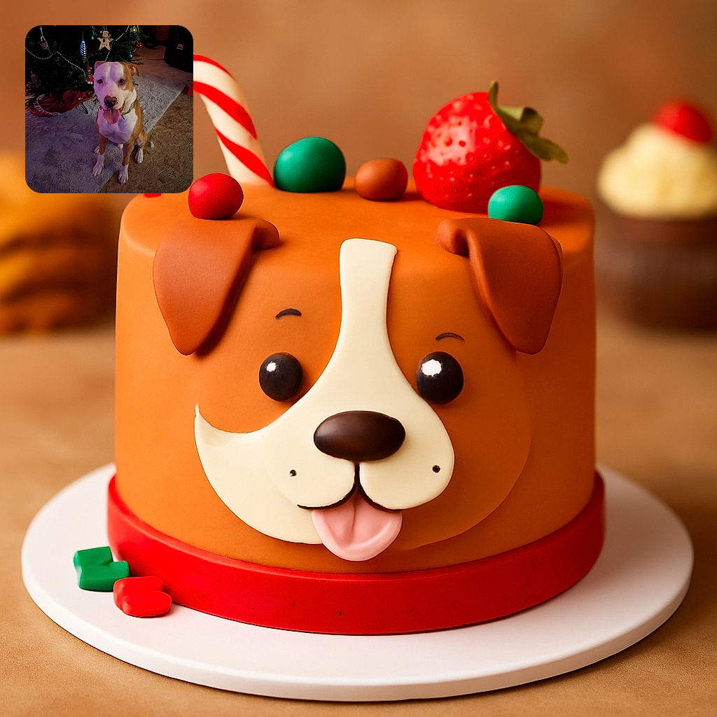 A happy dog with a big smile and tongue out sits obediently in front of a decorated Christmas tree, surrounded by festive ornaments and cozy indoor lighting.