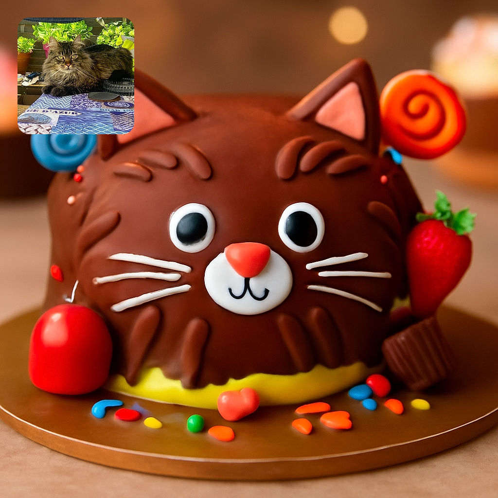 A majestic fluffy tabby cat lounges regally on a colorful patterned tablecloth, surrounded by potted plants and garden tools in a cozy outdoor setting. The cat's intense gaze and luxurious fur steal the spotlight, making it the undeniable ruler of this garden kingdom.