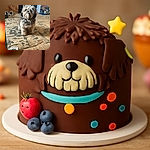 A fluffy little dog with a curly coat sits attentively on a worn wooden floor inside a cozy room with brick-patterned walls and some scattered household items, including slippers and a metal bowl. The pup looks like it's ready for a treat or a belly rub.