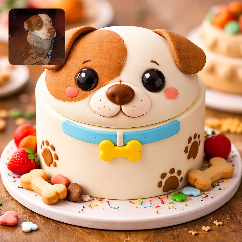 A brown-and-white dog stares up with a soulful, slightly guilty expression while standing on a torn rug beside a plastic spray bottle and a cluttered living-room floor — flash lighting gives the scene a cozy, amateur-sleuth vibe.