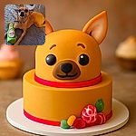 A small tan dog with a curious expression lounges on a textured blanket next to a green plush toy shaped like a beer bottle labeled 'Dos Patas Cerveza.' The dog's collar adds a touch of personality to this cozy indoor scene.