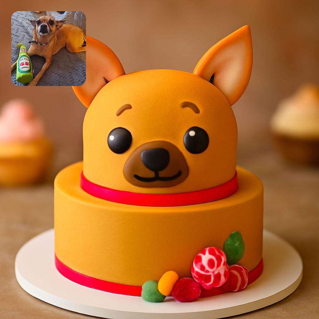 A small tan dog with a curious expression lounges on a textured blanket next to a green plush toy shaped like a beer bottle labeled 'Dos Patas Cerveza.' The dog's collar adds a touch of personality to this cozy indoor scene.