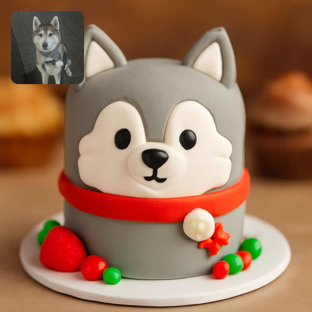 A fluffy husky wearing a cozy scarf sits on a stone-paved street at night, looking curiously at the camera with soft lighting and a slightly blurry focus.