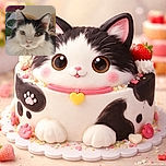 A close-up photo of a fluffy black and white cat with curious eyes, slightly blurred background featuring a red flower and household items, giving a cozy indoor vibe.