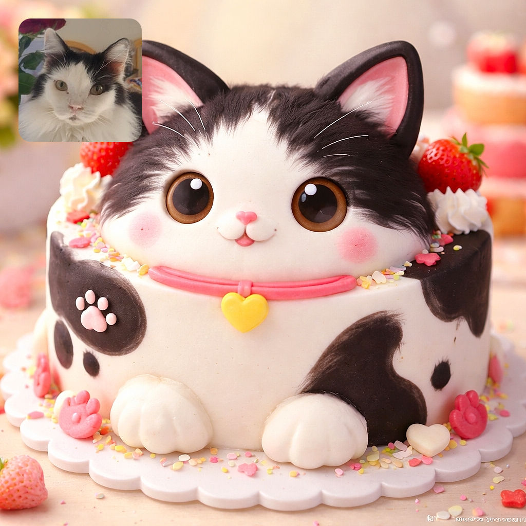 A close-up photo of a fluffy black and white cat with curious eyes, slightly blurred background featuring a red flower and household items, giving a cozy indoor vibe.
