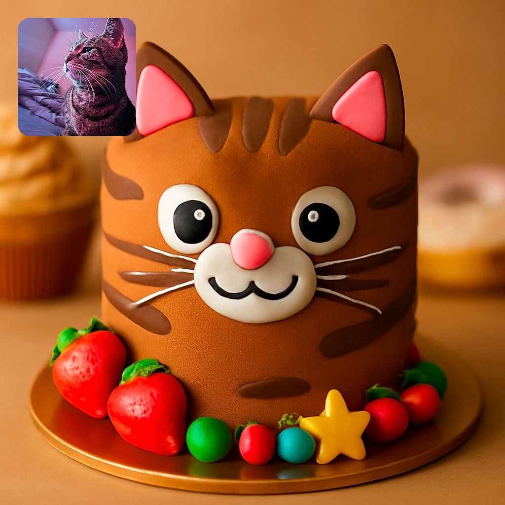 A majestic tabby cat lounges on a bed, bathed in soft purple-pink lighting that gives it an almost regal glow. The close-up angle captures the cat's contemplative gaze and detailed whiskers, while the blurred background adds a cozy, dreamy atmosphere.