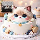 A fluffy, cream-colored cat with striking blue eyes sits comfortably inside an open black suitcase placed on a bed with floral-patterned sheets. The background features a geometric-patterned wallpaper and some scattered clothes and items, giving a cozy, lived-in vibe.