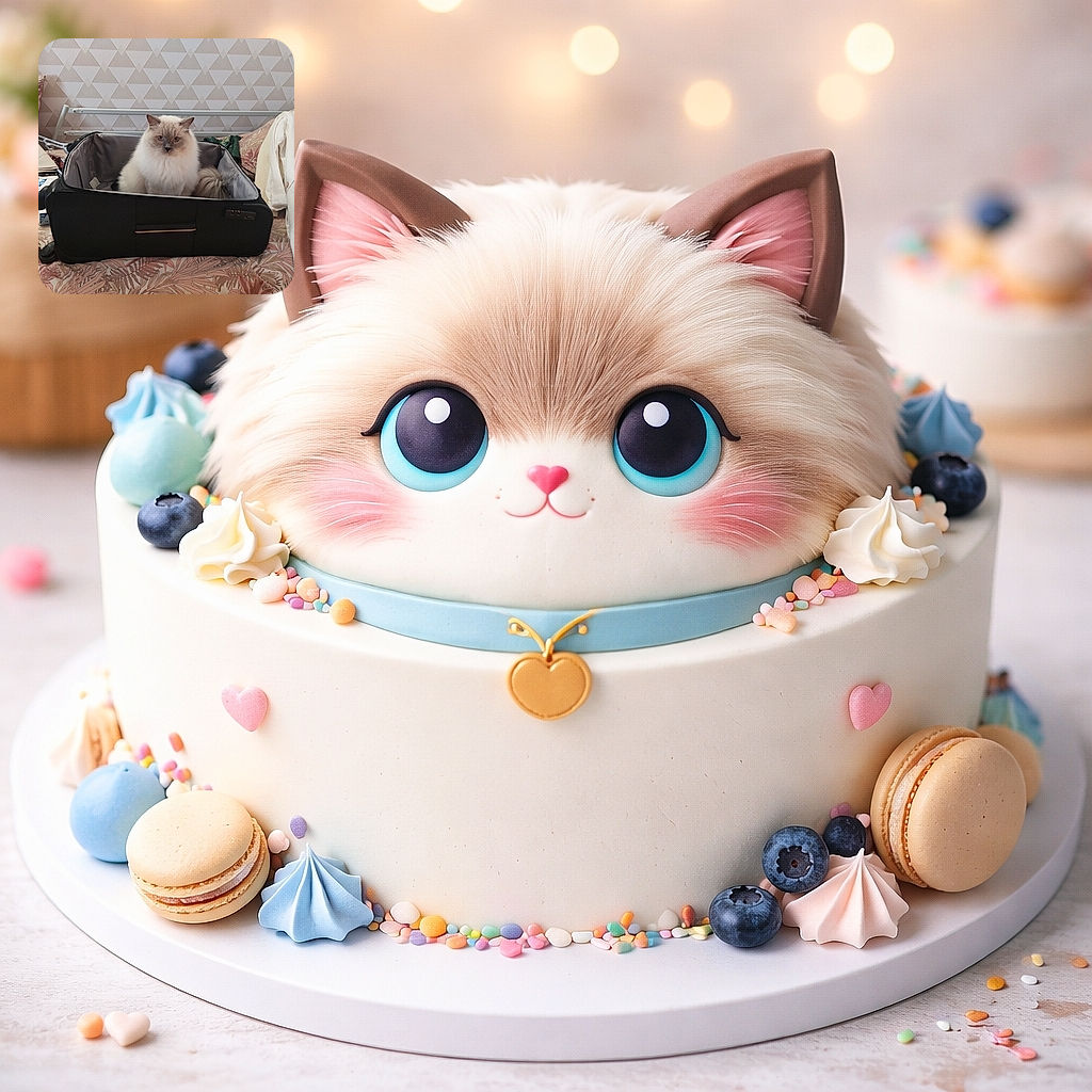 A fluffy, cream-colored cat with striking blue eyes sits comfortably inside an open black suitcase placed on a bed with floral-patterned sheets. The background features a geometric-patterned wallpaper and some scattered clothes and items, giving a cozy, lived-in vibe.
