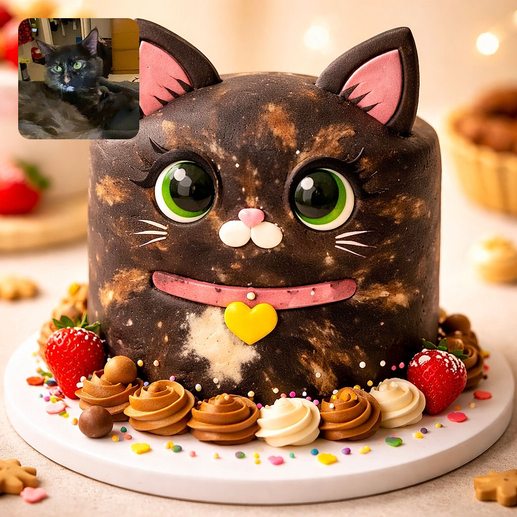 A wide-eyed tortoiseshell cat stares like it's just been told the snacks are imaginary — fluffy foreground, cluttered bedroom backdrop with a dresser and hanging clothes, and those neon-green eyes stealing the show.