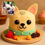 A close-up photo of a small dog with expressive eyes and large ears, held gently by a person wearing a necklace. The background is softly blurred greenery, giving a natural outdoor feel.