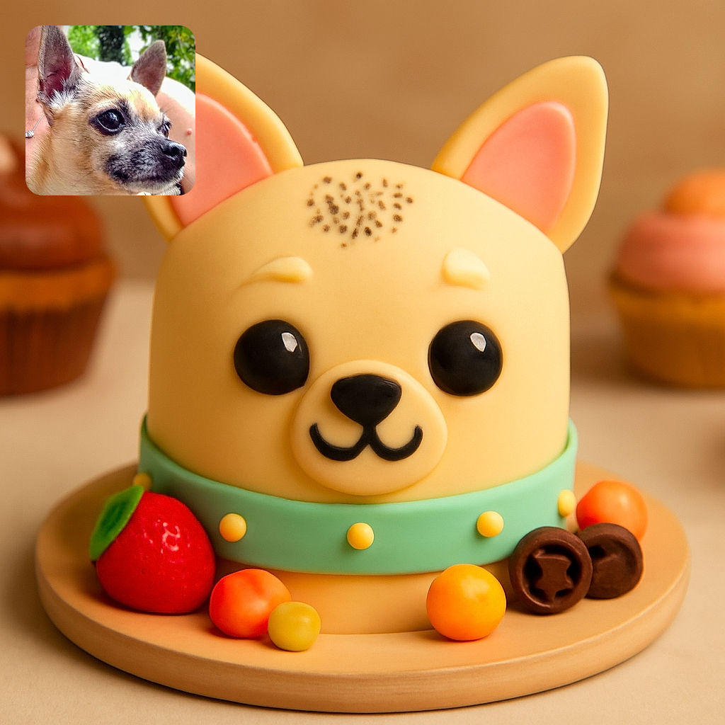 A close-up photo of a small dog with expressive eyes and large ears, held gently by a person wearing a necklace. The background is softly blurred greenery, giving a natural outdoor feel.