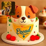 A charming dog sporting a bright orange bandana with text stands alert in a warmly lit outdoor setting, surrounded by blurred autumnal foliage and a large tree trunk, capturing a cozy and heartwarming moment.