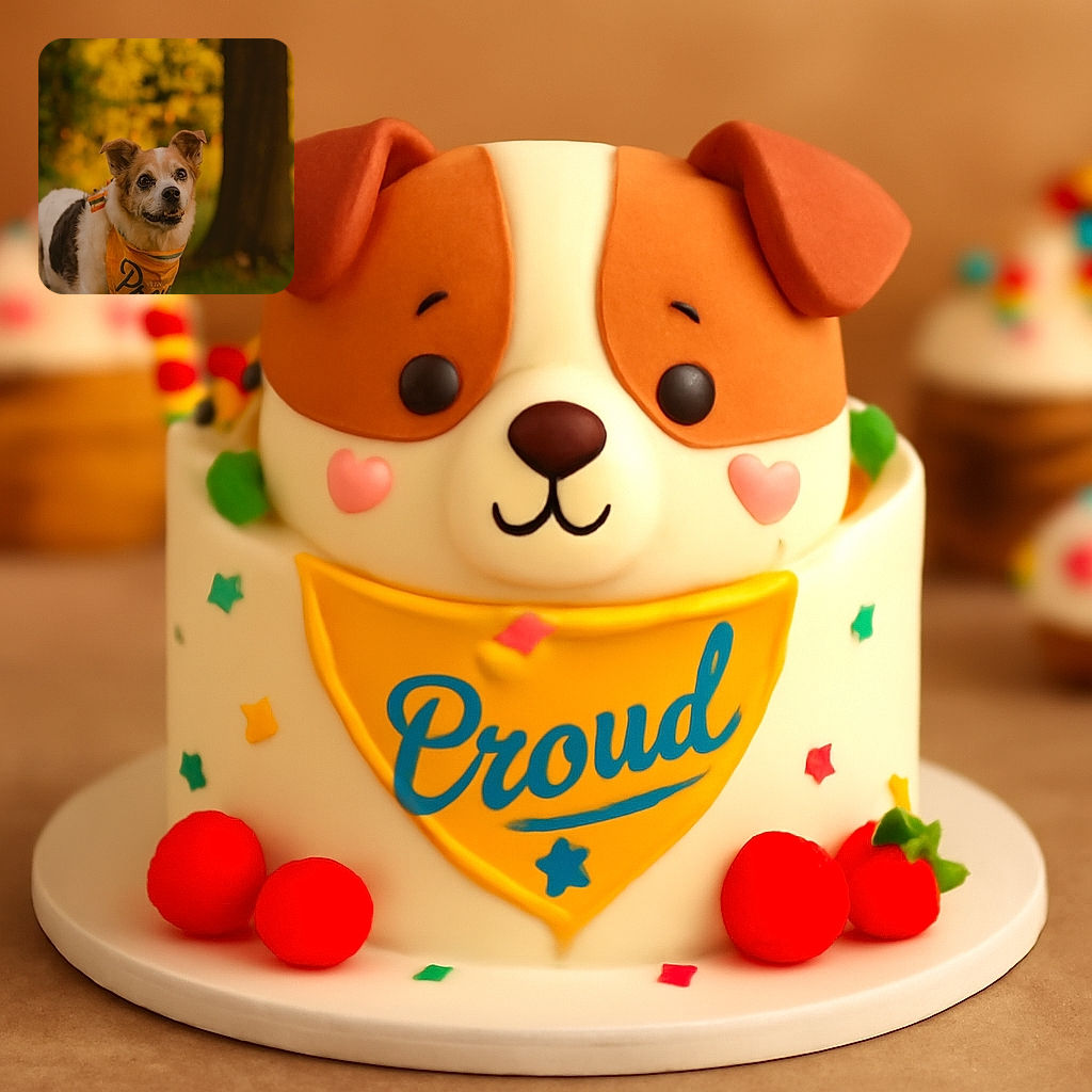 A charming dog sporting a bright orange bandana with text stands alert in a warmly lit outdoor setting, surrounded by blurred autumnal foliage and a large tree trunk, capturing a cozy and heartwarming moment.