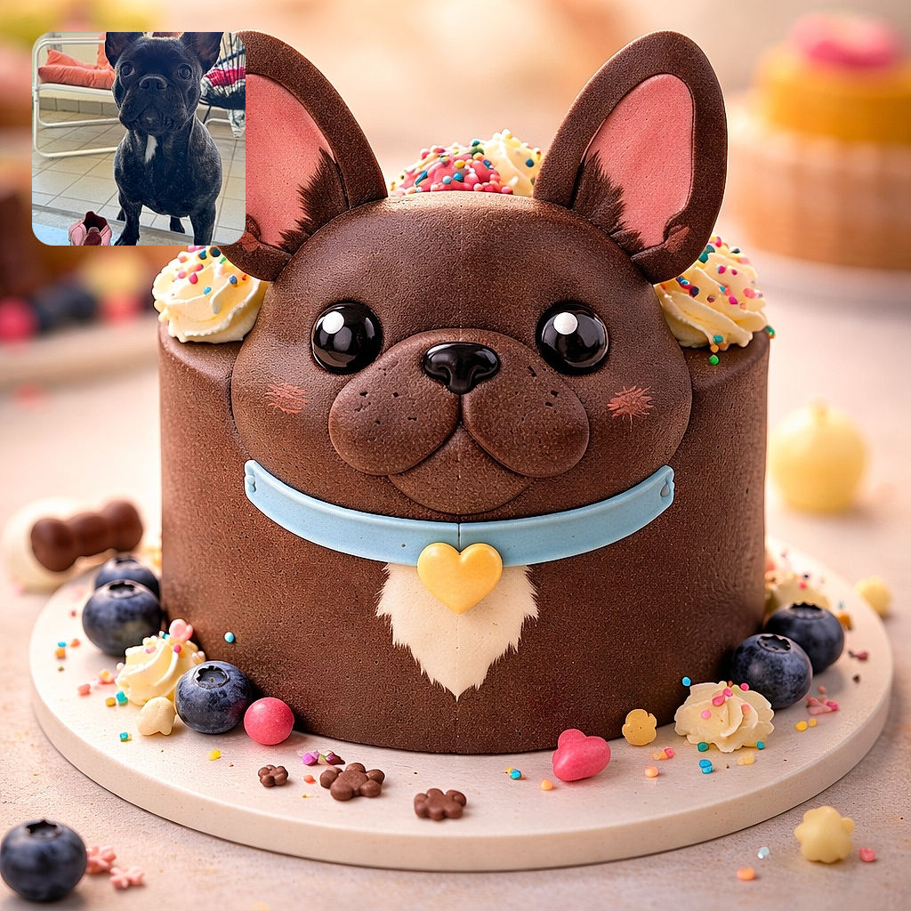 A wide-eyed French bulldog stares straight at the camera with comically oversized ears and a tiny white chest patch, one paw perched on the threshold beside a well-chewed pink slipper — a patio scene with cushioned chairs and tiled floor blurred in the background.