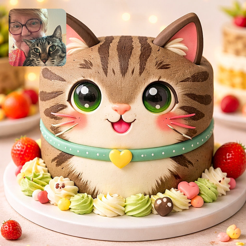 A cozy selfie featuring a smiling older woman with glasses holding a curious tabby cat close to the camera, both sharing a warm moment indoors with soft natural lighting and a simple background.