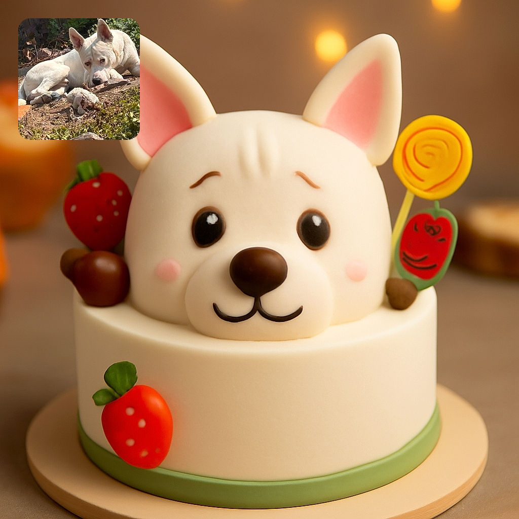A white dog is lounging on the ground outdoors, looking contemplative with its head resting on a piece of wood amid some greenery and dry leaves.