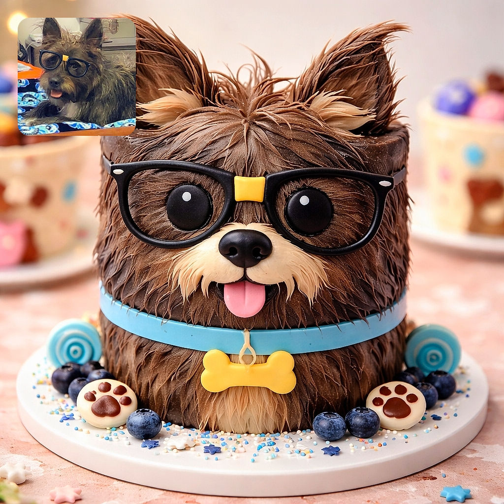 A scruffy, award‑worthy terrier lounges on a bright patterned blanket with a goofy digital pair of glasses perched on its snout — tongue lolling and ears standing at attention. Bedroom drawers and a few storage boxes form the cozy, slightly cluttered background, making the dog look like a bespectacled professor of naps.