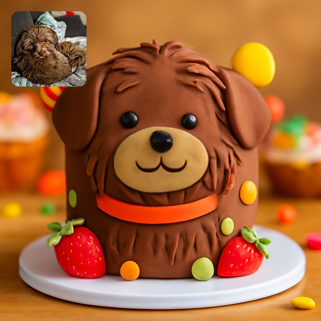 A fluffy brown dog curled up on a cozy blanket, looking at the camera with one eye slightly squinted, as if caught mid-blink or plotting a nap-time escape. The background is softly blurred, emphasizing the dog's soft fur and relaxed posture.
