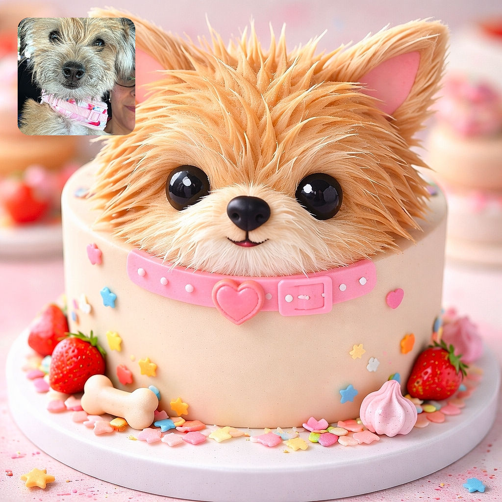 A fluffy, scruffy dog with expressive eyes and a pink collar is being held up close to the camera, showing off its adorable face and tousled fur. A person with glasses and a smile is partially visible in the background, adding warmth to the cozy portrait.