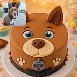 A striking brown-and-white dog sits like a serious backyard celebrity, staring into the camera with icy blue eyes while proudly displaying its tag and oversized satellite-dish ears. Potted plants and an open doorway complete the charming patio portrait.