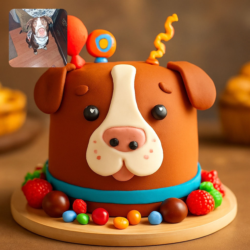 A curious brown and white dog wearing a striped shirt looks up with wide, bright eyes, sitting on a wooden floor beside a cozy armchair draped with a leaf-patterned blanket. The scene includes a bare human foot in plaid pajama pants, adding a casual homey vibe.