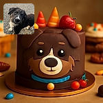 A curious puppy with soulful eyes looks up at the camera, its fluffy black and white fur contrasting with the gravel ground. The metal chain leash adds a hint of adventure to this candid outdoor moment.