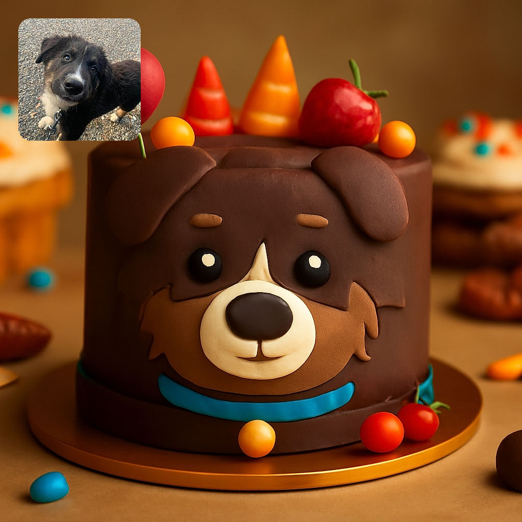 A curious puppy with soulful eyes looks up at the camera, its fluffy black and white fur contrasting with the gravel ground. The metal chain leash adds a hint of adventure to this candid outdoor moment.