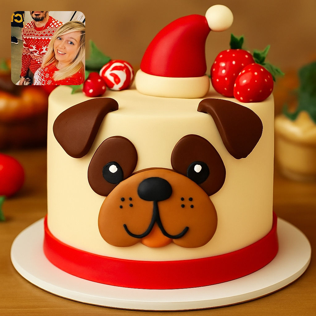 A cheerful couple dressed in matching festive red and white Christmas sweaters pose for a selfie indoors, with a cute cat being petted by the man in the background. The cozy holiday spirit is palpable as they smile warmly at the camera.