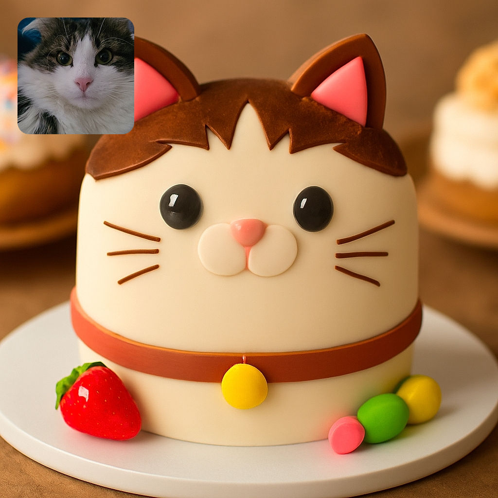 A close-up portrait of a fluffy cat with striking green eyes and a pink nose, looking curiously at the camera with a soft, cozy background.