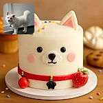 A fluffy white dog with a curled tail stands alert on a dark wooden floor, looking curiously at the camera with its ears perked up, against a plain white wall and door background.