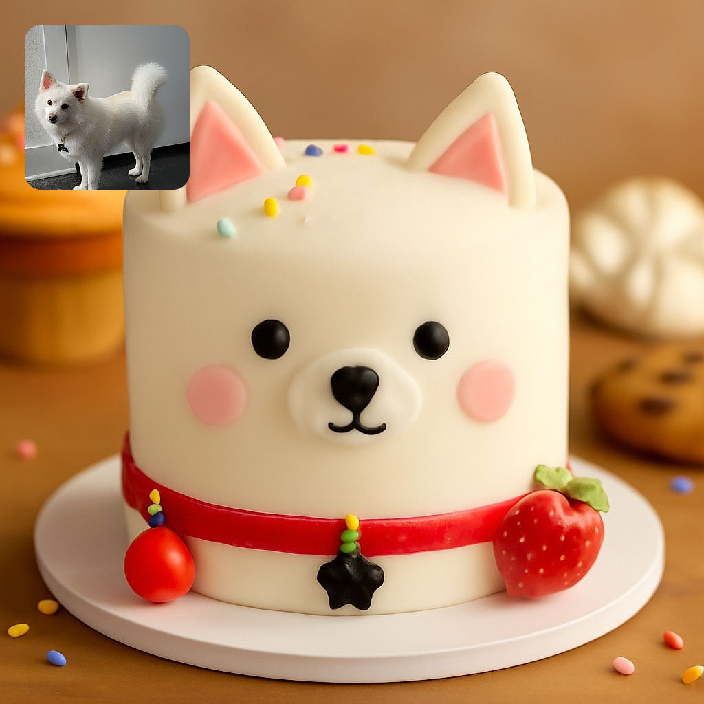 A fluffy white dog with a curled tail stands alert on a dark wooden floor, looking curiously at the camera with its ears perked up, against a plain white wall and door background.