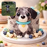 A charming speckled puppy sits attentively on a patchy green lawn surrounded by scattered leaves and garden plants, looking like the garden's cutest little guardian.