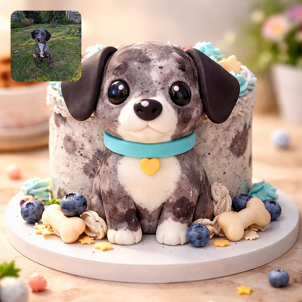 A charming speckled puppy sits attentively on a patchy green lawn surrounded by scattered leaves and garden plants, looking like the garden's cutest little guardian.