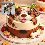 A happy dog dressed up in a cozy outfit with plaid pants and a brown and cream top, topped off with a green headband resembling Shrek's ears, standing indoors on a smooth floor with a joyful expression.