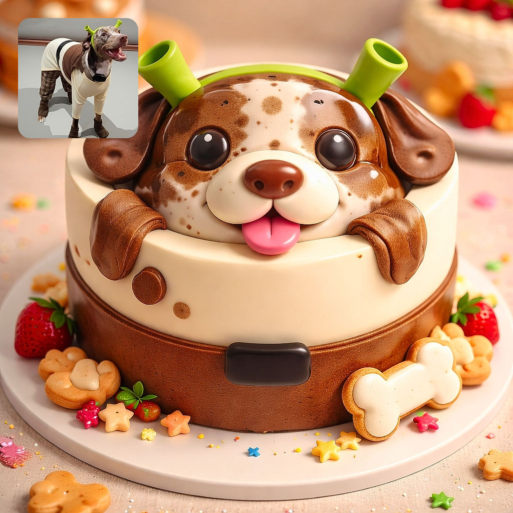 A happy dog dressed up in a cozy outfit with plaid pants and a brown and cream top, topped off with a green headband resembling Shrek's ears, standing indoors on a smooth floor with a joyful expression.